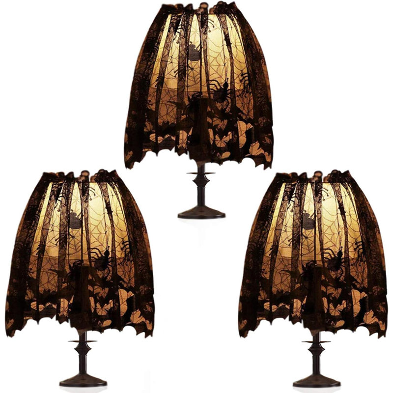 3Pcs Halloween Lamp Shade Cover Decoration Black Lace Ribbon Spider Web Lampshades Cover Topper Scarf For Festive Party Indoor Decor Supplies Large